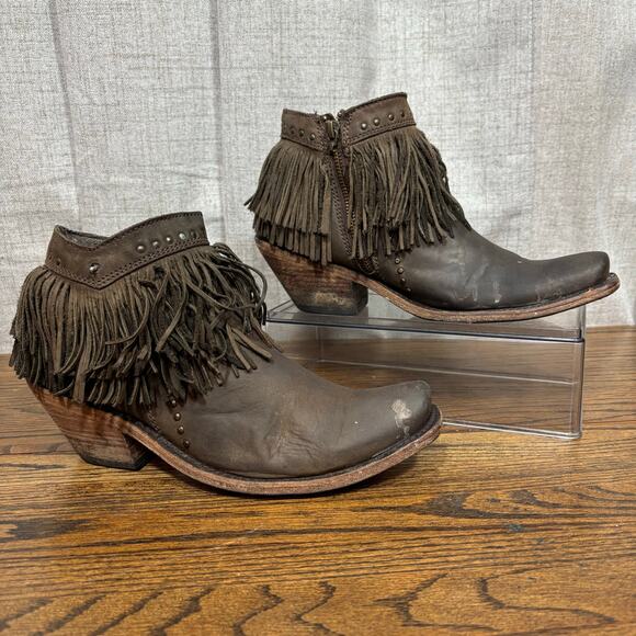 Women’s 7 Western Fringe Cowgirl Boots Brown Leather Ankle Zip Mexico Boho - Picture 1 of 7